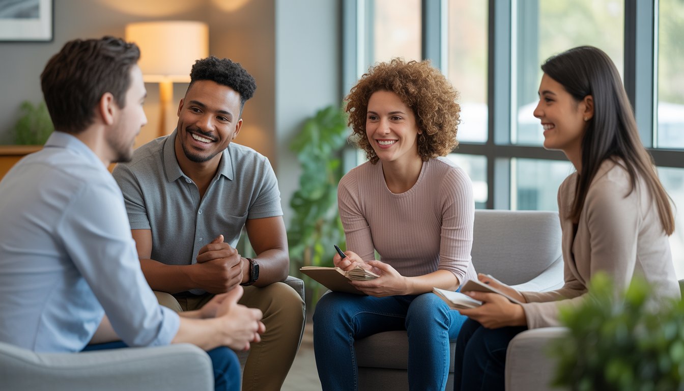 Three adults in a supportive therapy session in a comfortable office setting, showing open and respectful interaction.