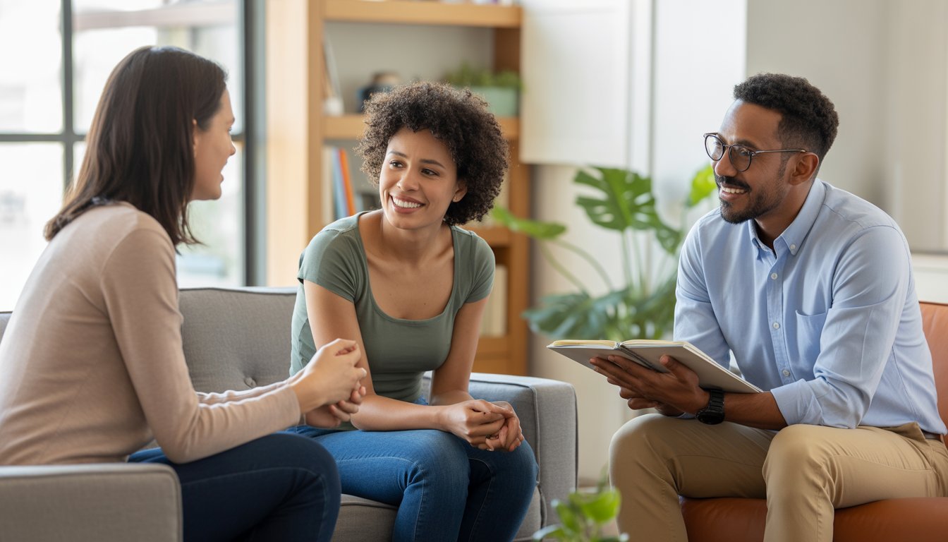 Three adults in a bright therapy office having a supportive conversation, with one person listening attentively and two others sharing.