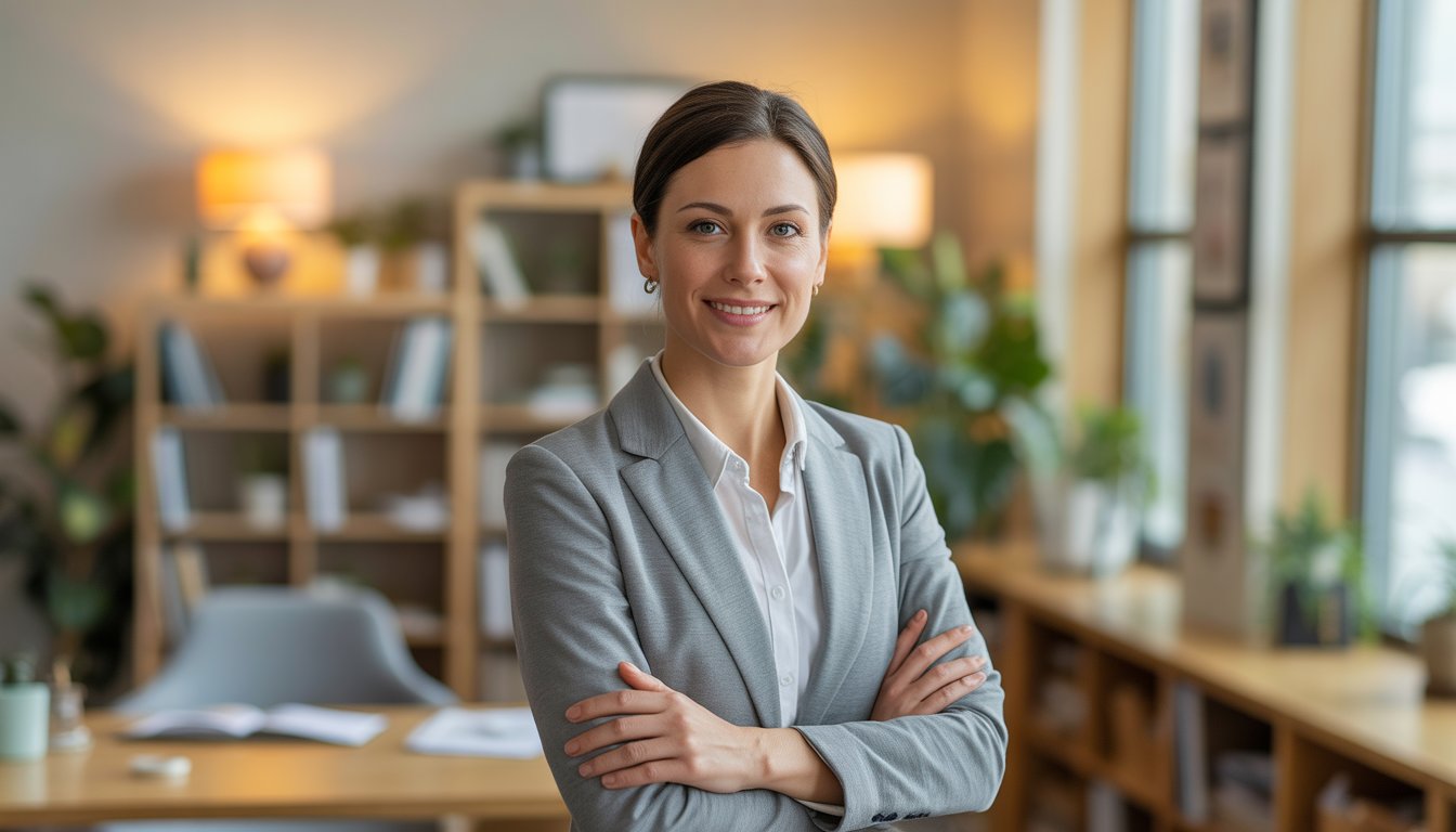 A female therapist sitting in a comfortable office with bookshelves and plants, looking approachable and professional.