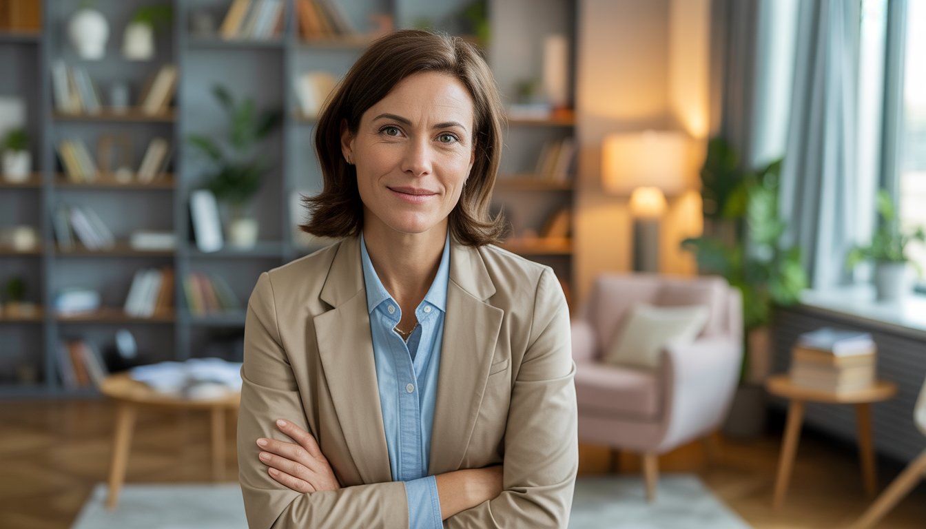 A female therapist sitting in a comfortable office with bookshelves and soft natural light, smiling warmly.