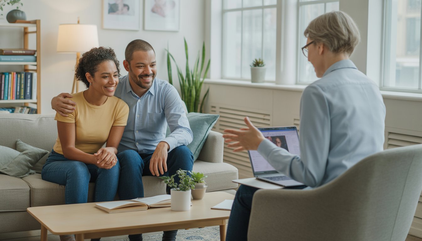 A therapist conducting an online session with a diverse couple in a bright, welcoming office.