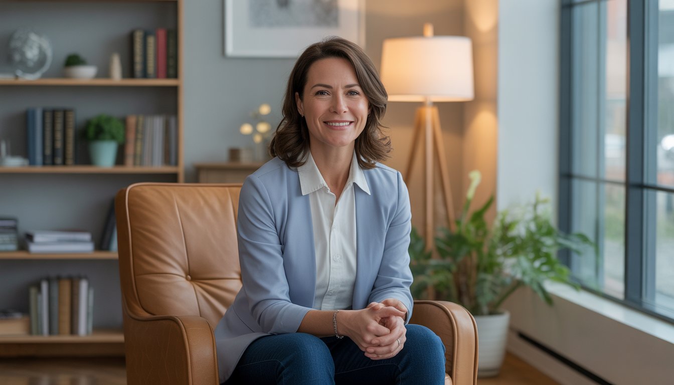 A female therapist sitting in a modern counseling office with bookshelves and natural light, looking welcoming and confident.