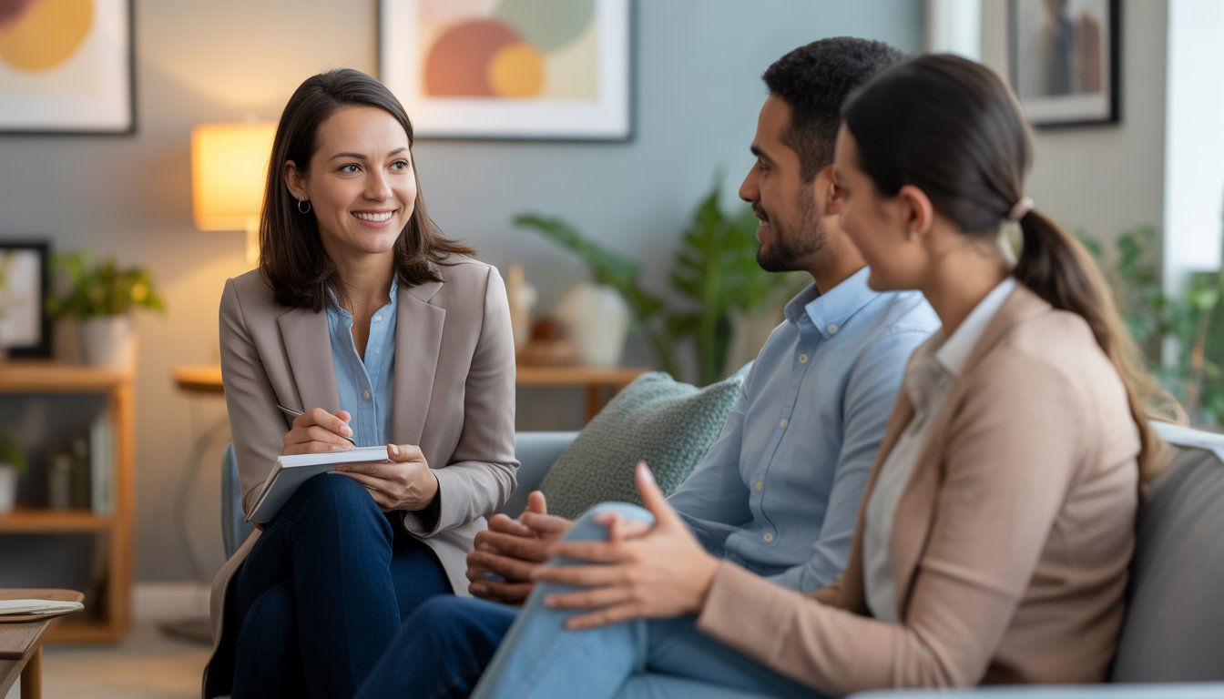 A female therapist talking with a couple in a comfortable therapy office.