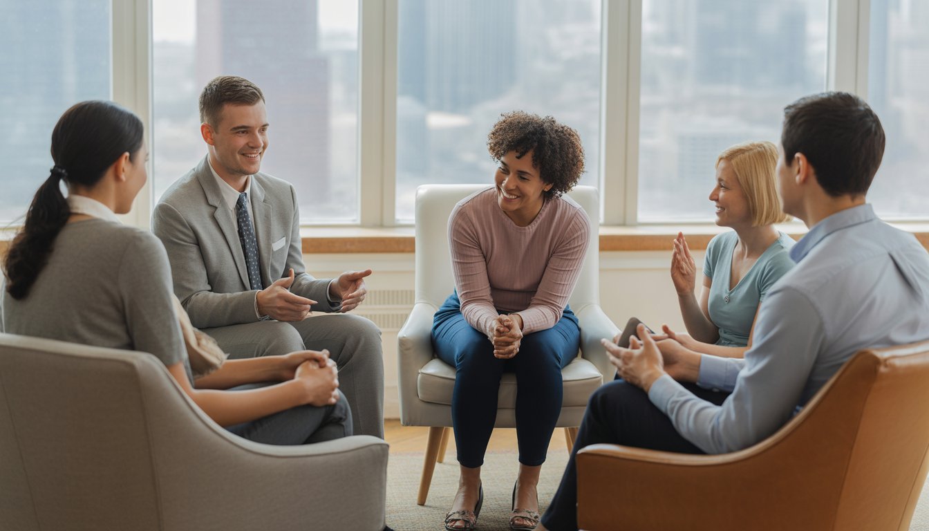A group of diverse people sitting in a circle in a bright counseling office, engaged in a supportive conversation.