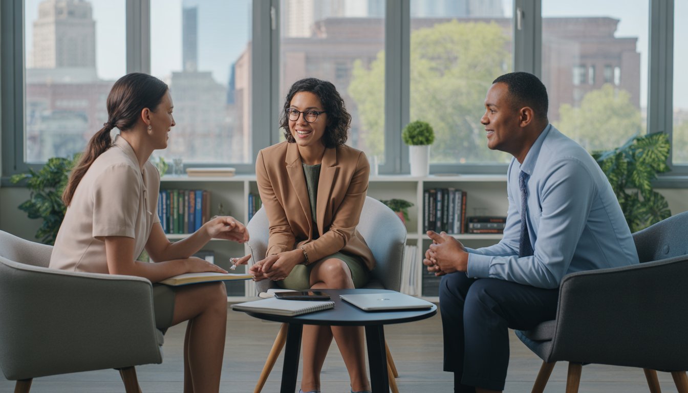 Three therapists talking together in a bright office with a view of Boston's cityscape.