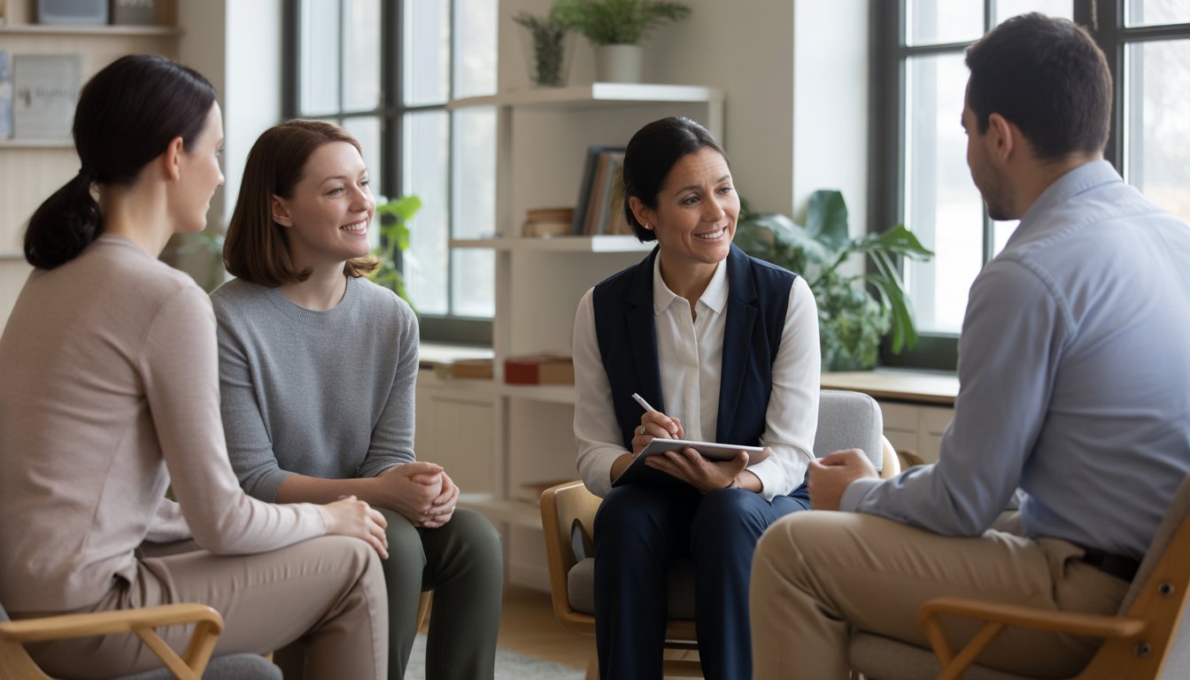 Three adults engaged in a therapy session in a comfortable office with natural light and plants.
