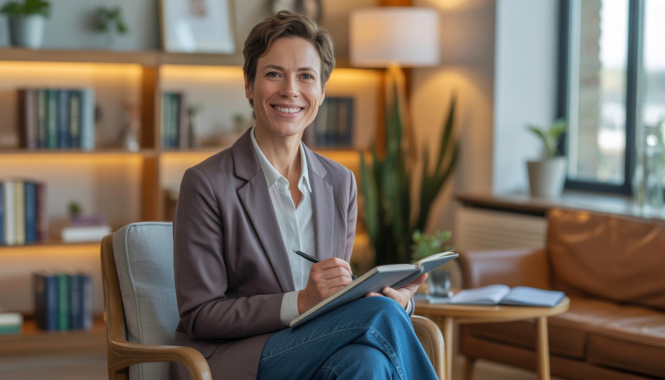A friendly therapist sitting in a modern office with bookshelves and plants, holding a notebook and smiling warmly.