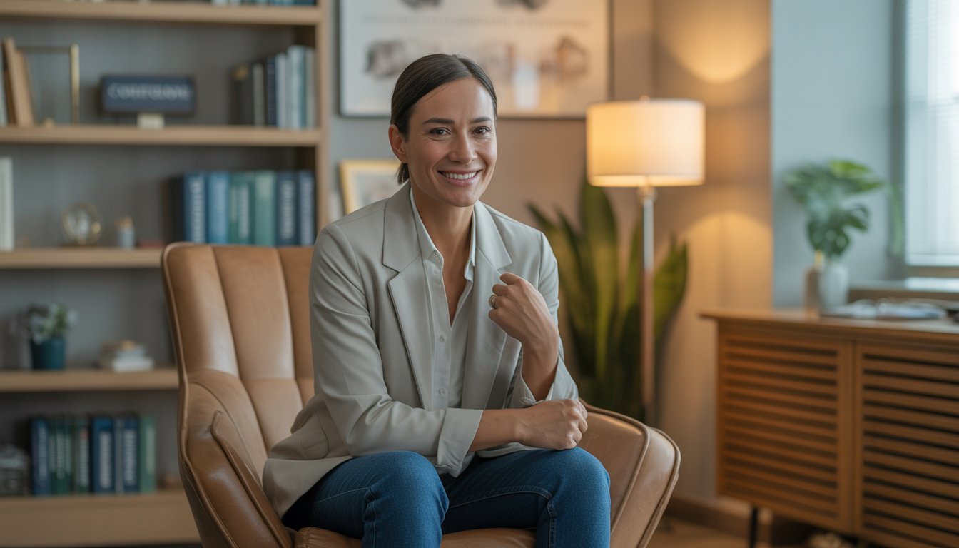 A therapist sitting in a comfortable office with bookshelves and plants, looking friendly and approachable.