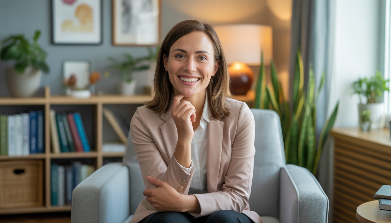 A female therapist sitting in a bright, modern office with bookshelves and plants, smiling warmly.