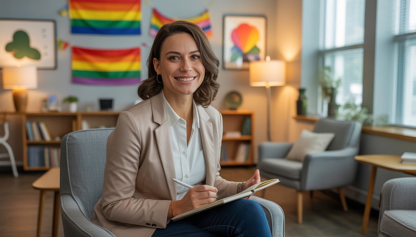 A woman therapist sitting in a warmly lit office with inclusive decor, smiling and holding a notebook.