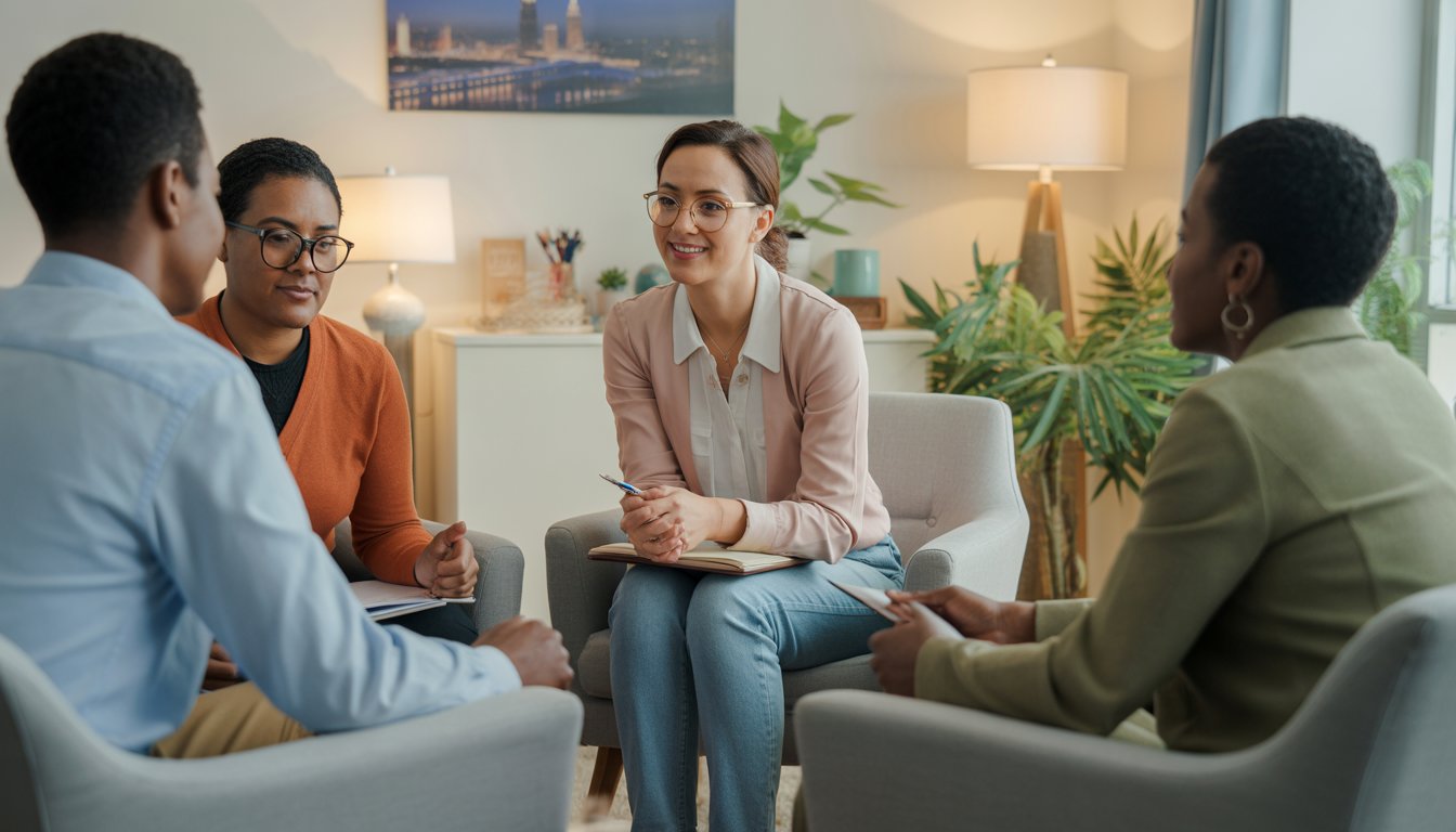 Three adults in a bright therapy office engaged in a supportive conversation with a female therapist listening attentively.
