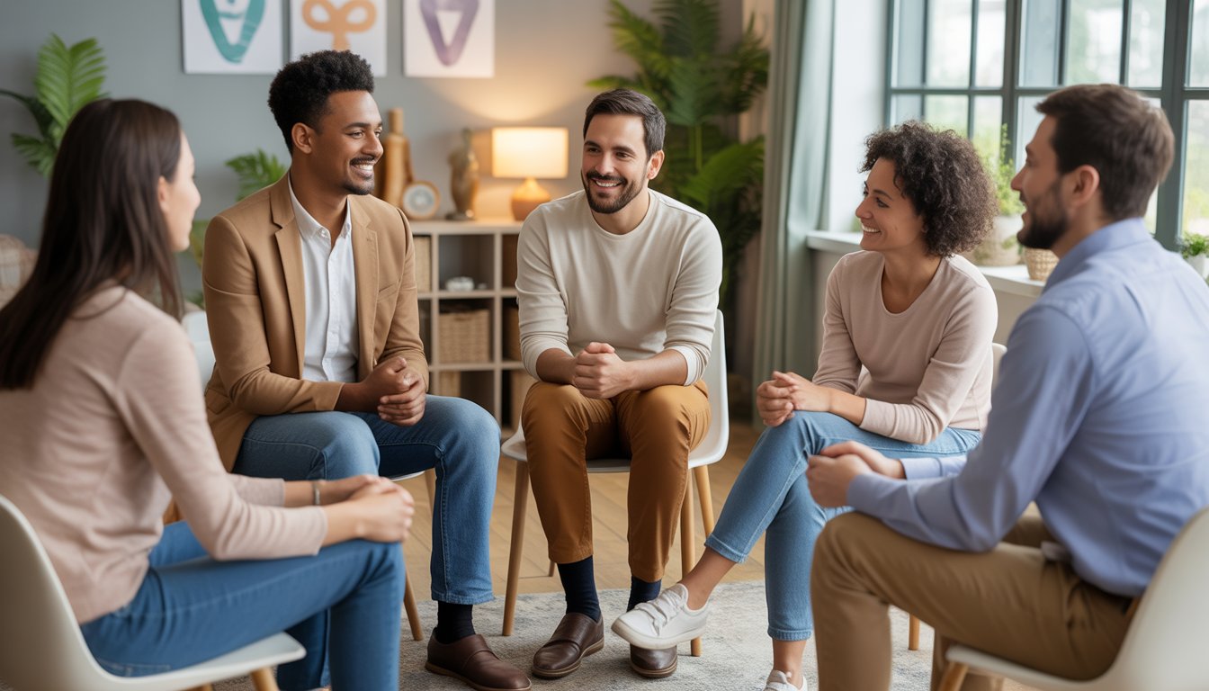 A diverse group of adults sitting in a circle in a bright therapy room, engaged in a supportive group discussion.