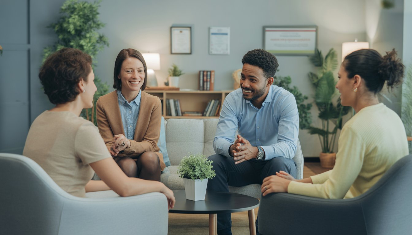 Three therapists talking with a couple in a cozy counseling office.