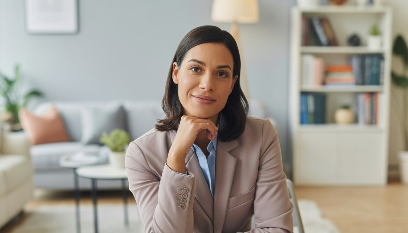 A woman sitting in a bright therapy office with bookshelves and a plant, smiling warmly.