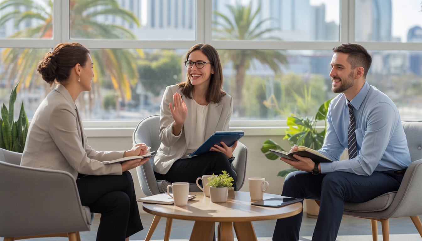 Three therapists having a friendly discussion around a table in a bright office with large windows showing palm trees and a city skyline.