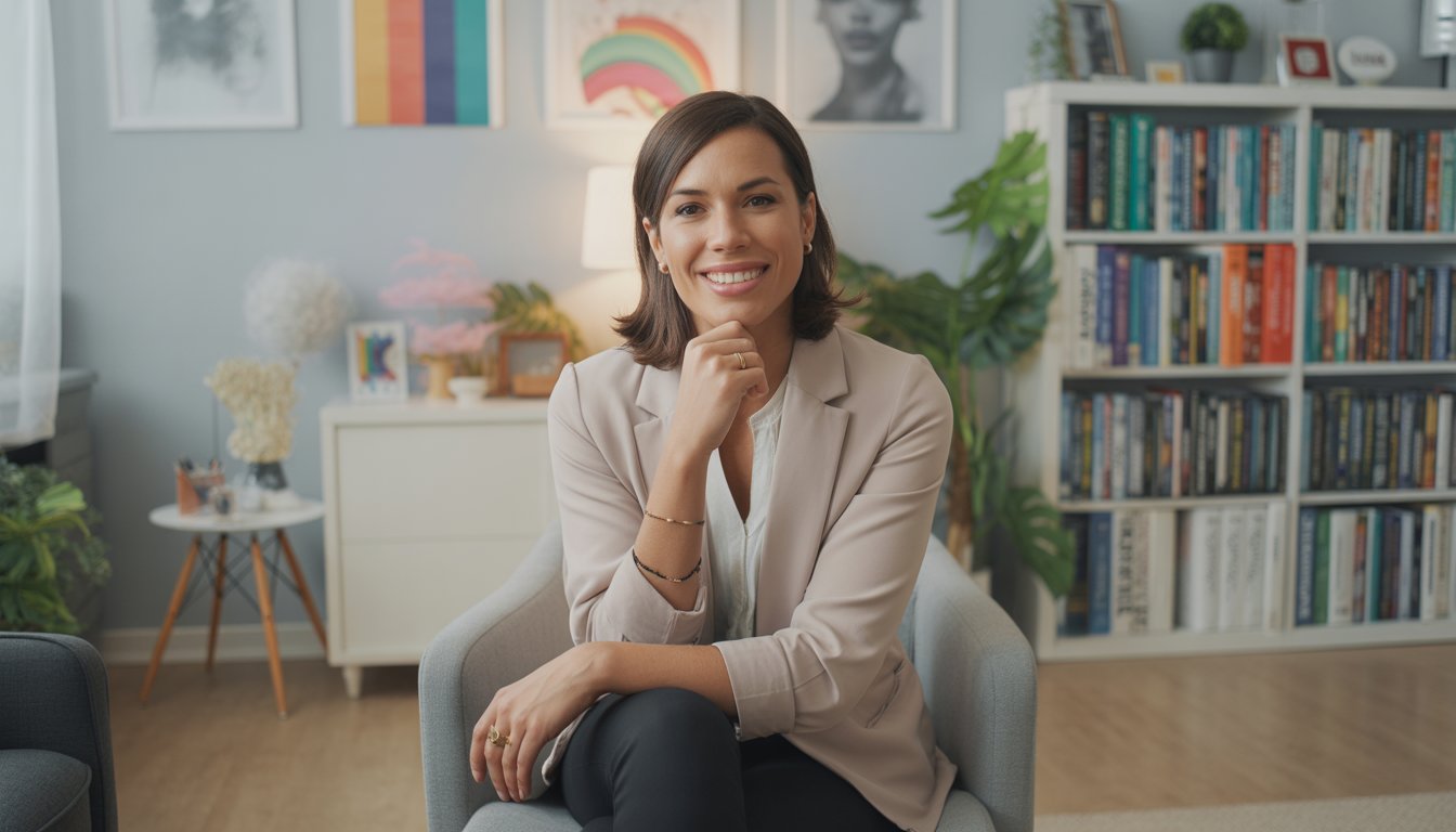 A female therapist sitting in a bright, comfortable counseling office with plants and books, creating a welcoming and supportive atmosphere.