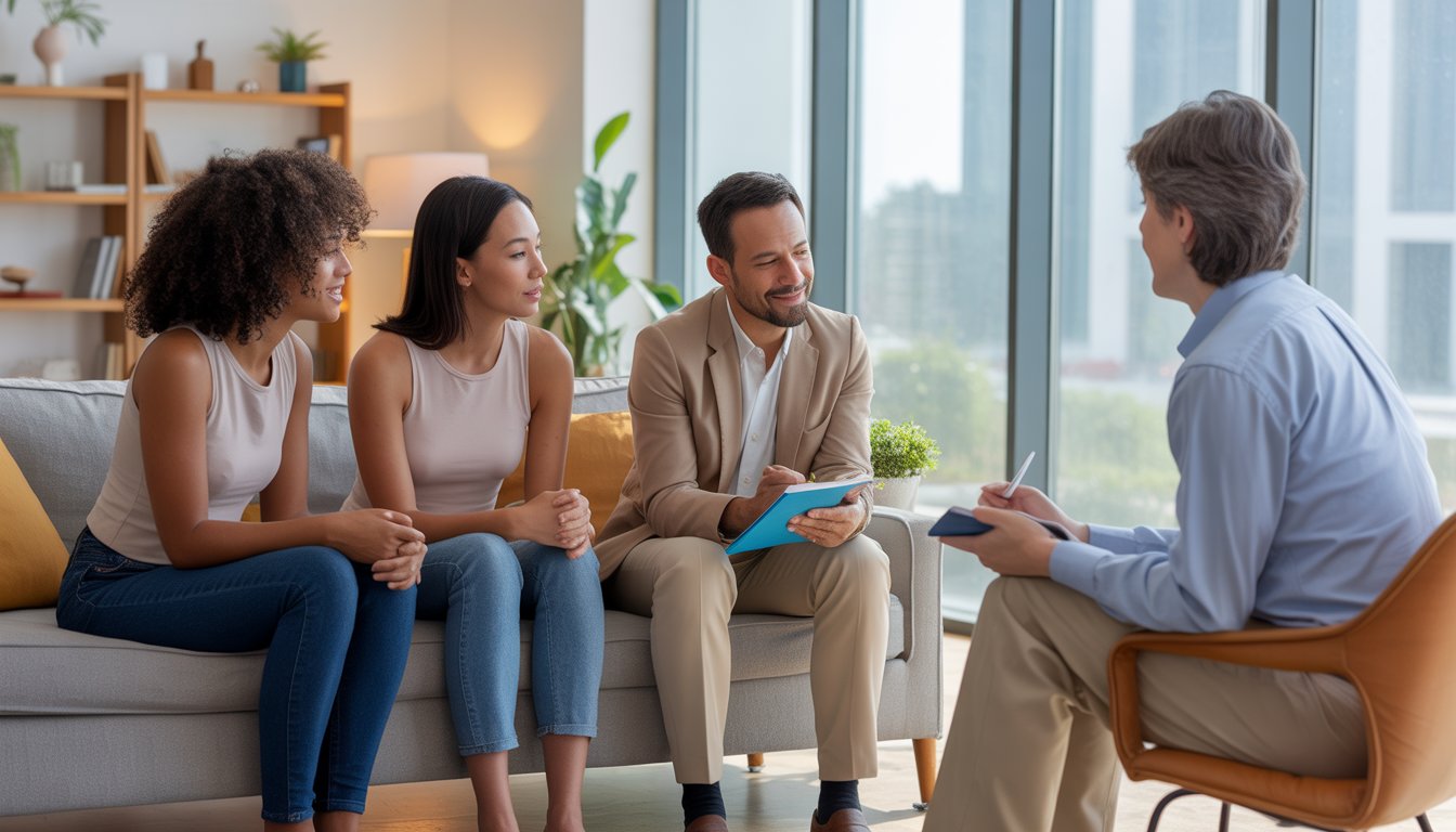 A therapist and three adults having a supportive conversation in a bright therapy office with large windows showing a city view.