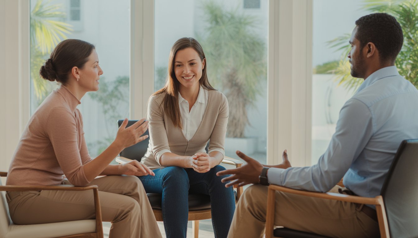 Three adults sitting in a bright office having a calm and supportive conversation.