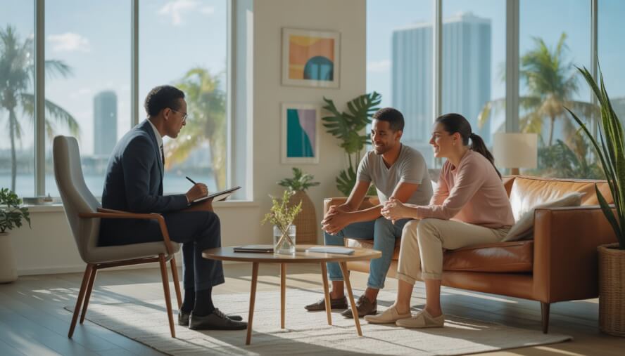 A therapist and a couple having a conversation in a bright, modern office with windows showing palm trees and city skyline.