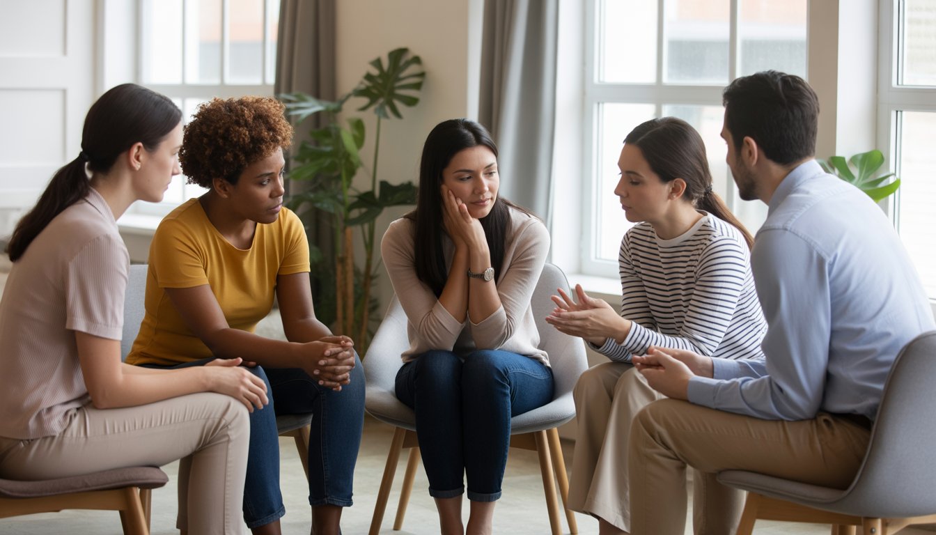 A diverse group of adults sitting in a circle in a bright therapy room, engaged in a supportive group discussion with a female therapist.