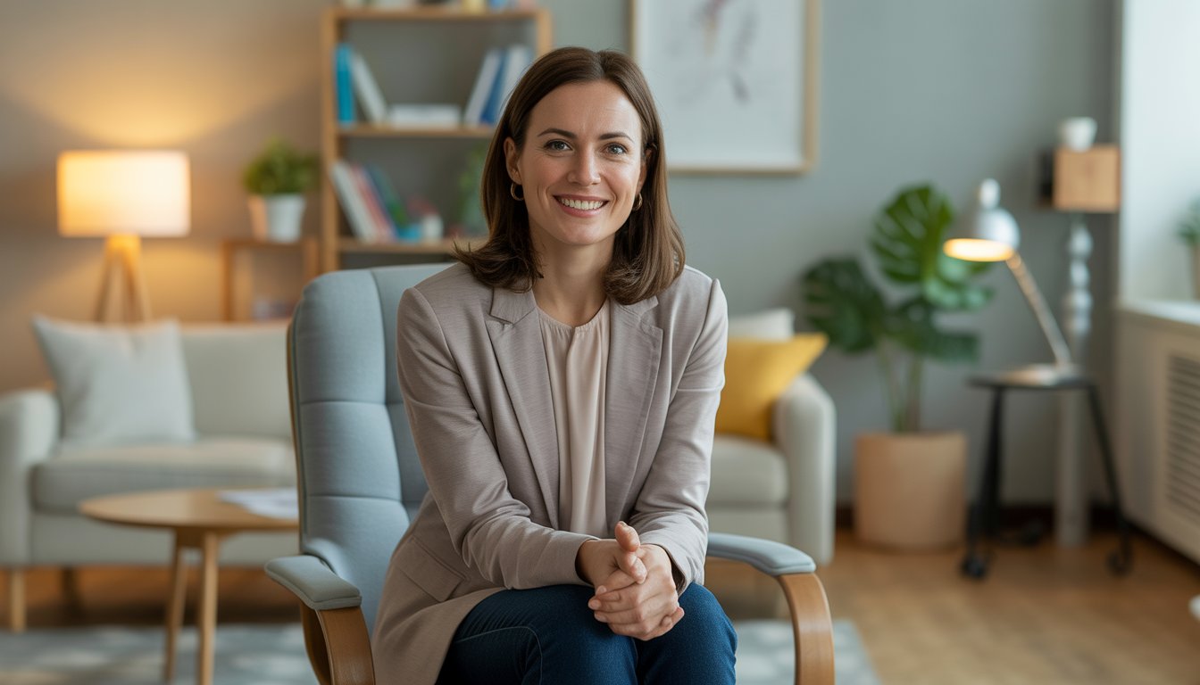 A female therapist sitting in a comfortable office with a bookshelf and plant in the background, smiling warmly.