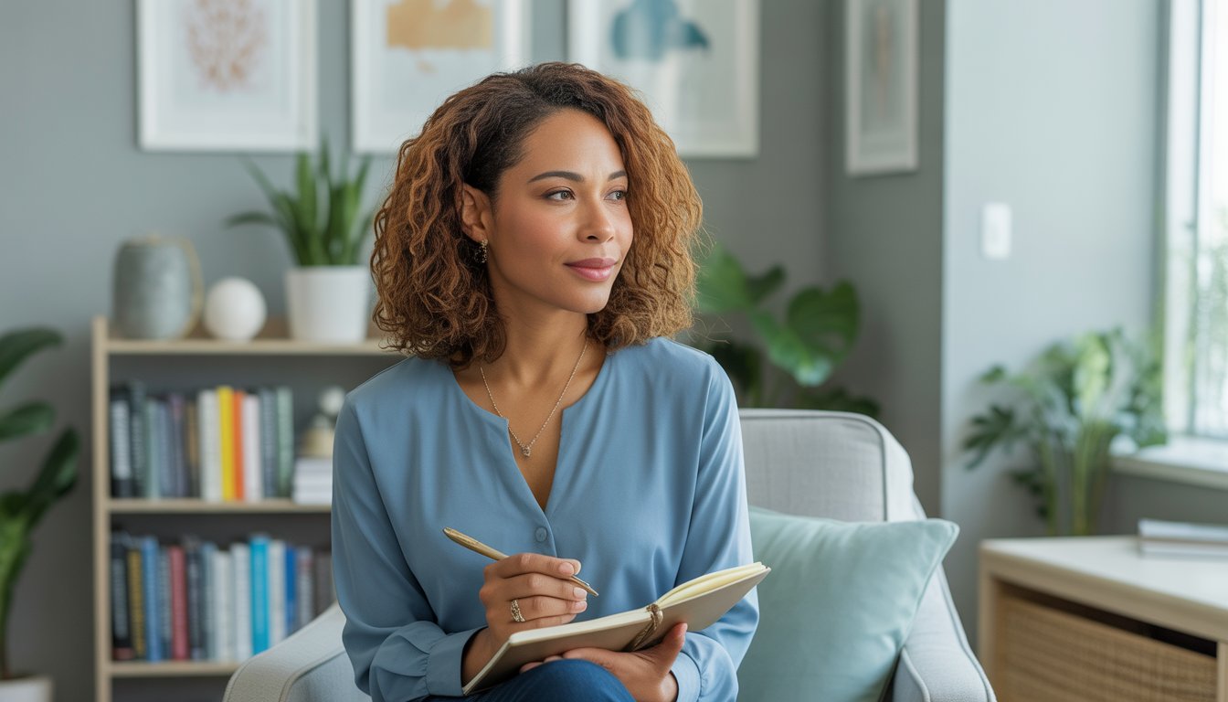 A female therapist sitting in a comfortable counseling office, attentively listening and taking notes.