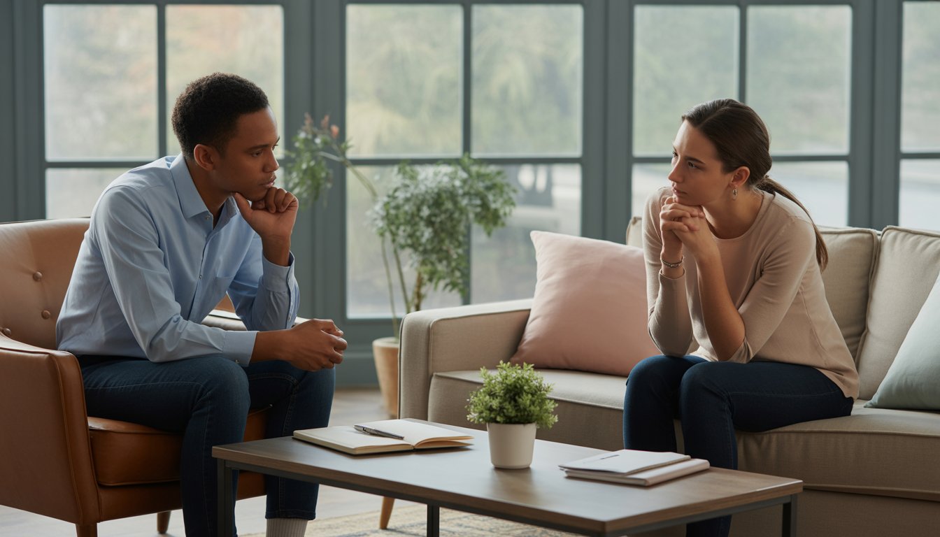 A therapist and client having a thoughtful conversation in a cozy, well-lit counseling office with comfortable seating and natural light.