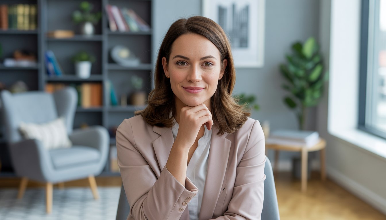 A female therapist sitting in a cozy office with bookshelves and a window showing a city view, smiling warmly.