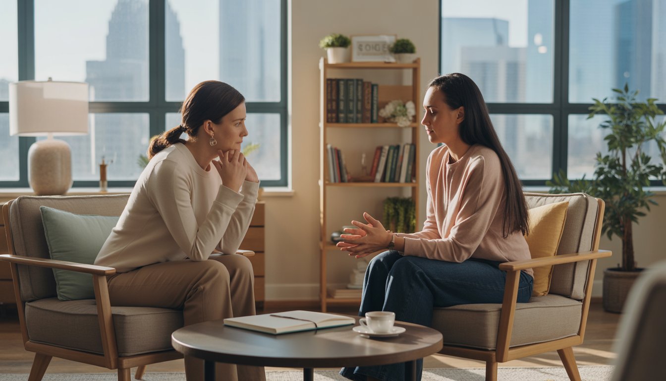 A therapist attentively speaking with a thoughtful client in a bright therapy office with a view of Charlotte city in the background.