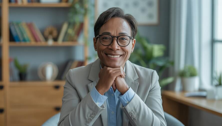 A psychologist sitting in a bright, comfortable therapy office with bookshelves and plants in the background.