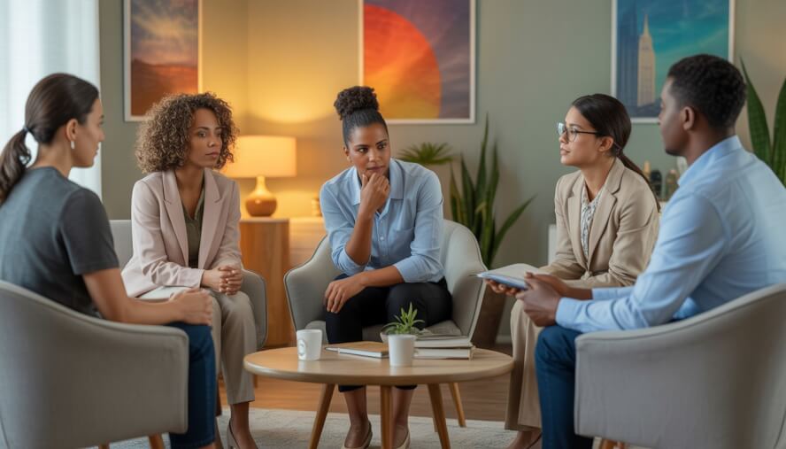 A diverse group of therapists and a thoughtful client sitting together in a comfortable therapy room with warm lighting and New Orleans-inspired decor.