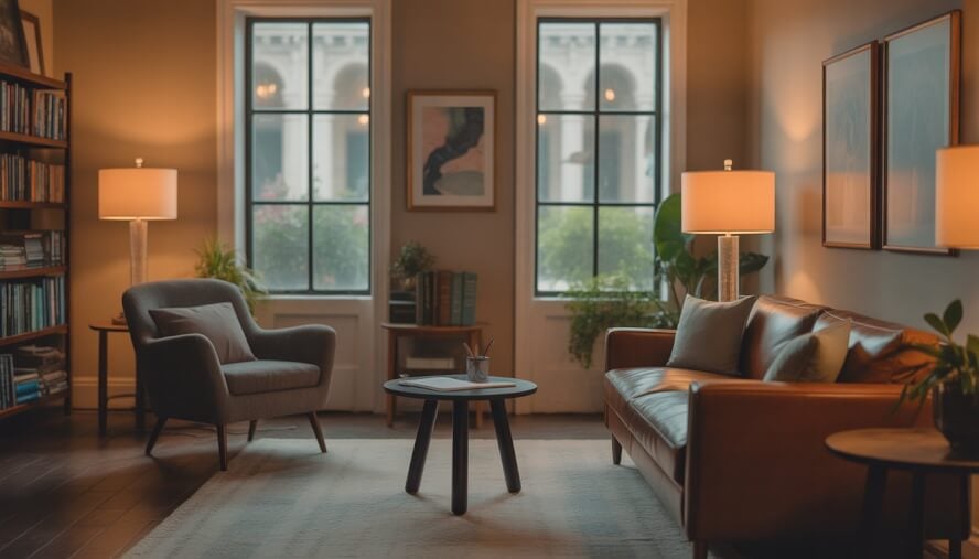 A cozy therapy office with comfortable chairs, bookshelves, and natural light coming through windows showing New Orleans buildings outside.