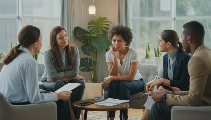 Therapists talking with a client in a bright, comfortable office setting in New Orleans.