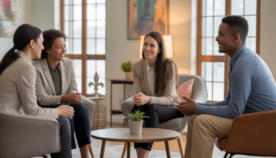 Three therapists sitting and talking in a bright, comfortable therapy office with New Orleans-themed decor.