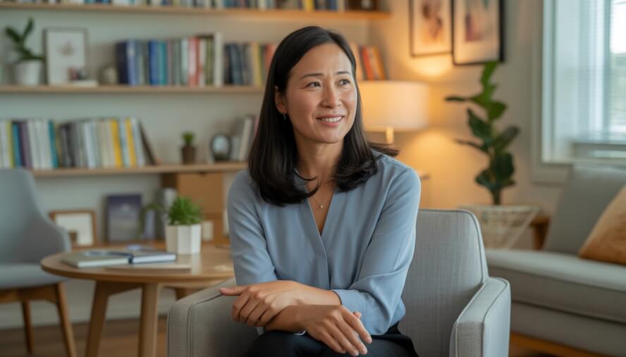 A female therapist sitting in a warm, inviting office with bookshelves and plants, smiling gently while engaged in conversation.