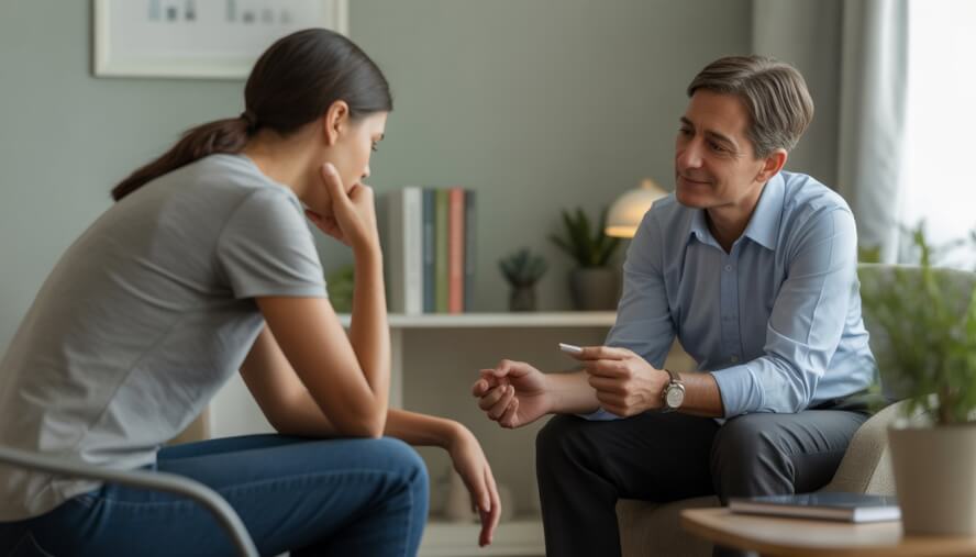 A therapist and a client engaged in a calm conversation in a cozy office setting.