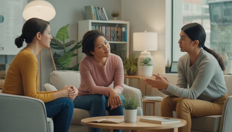 A diverse group of therapists talking with a thoughtful client in a bright, comfortable therapy office.