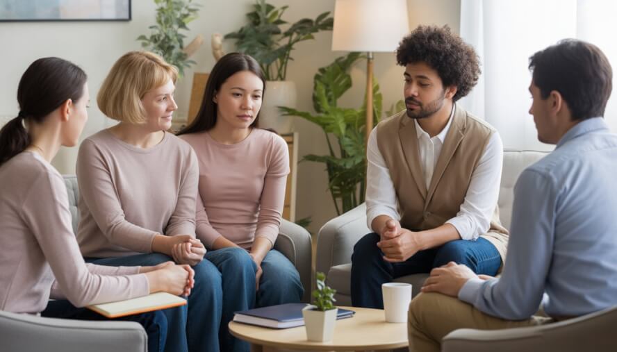 A therapist attentively talking with a family in a bright, comfortable counseling office.