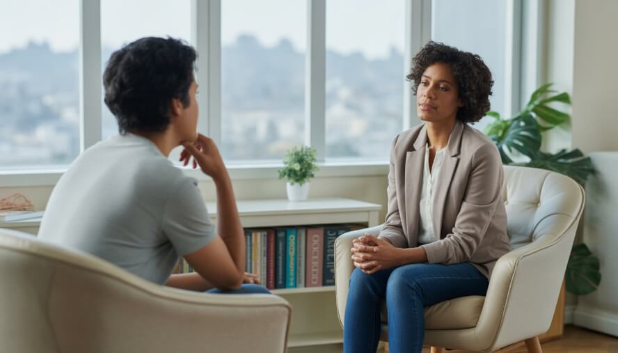 A therapist and a client in a bright office with a city view, engaged in a calm and supportive conversation.