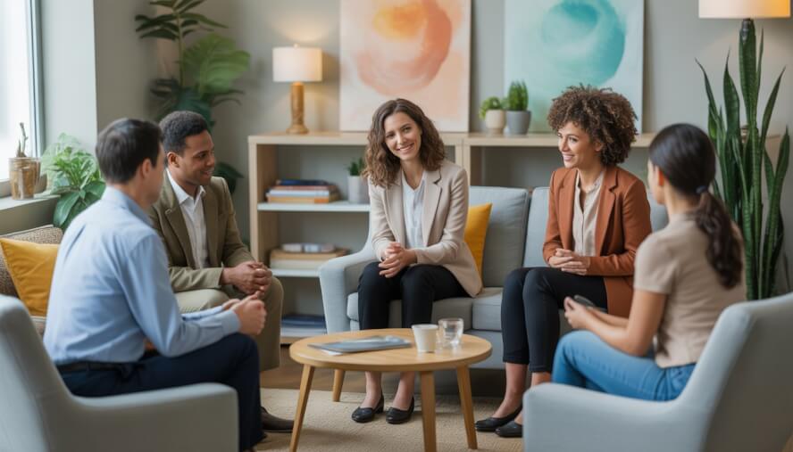 A group of psychologists and clients in a calm, welcoming therapy office with comfortable seating and soft natural light.