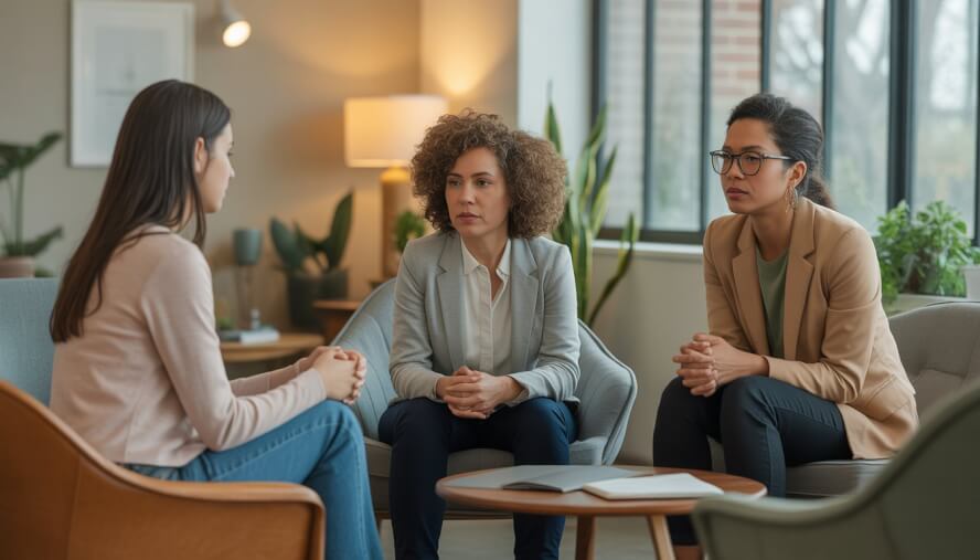 A group of three therapists talking together in a bright, comfortable office setting.