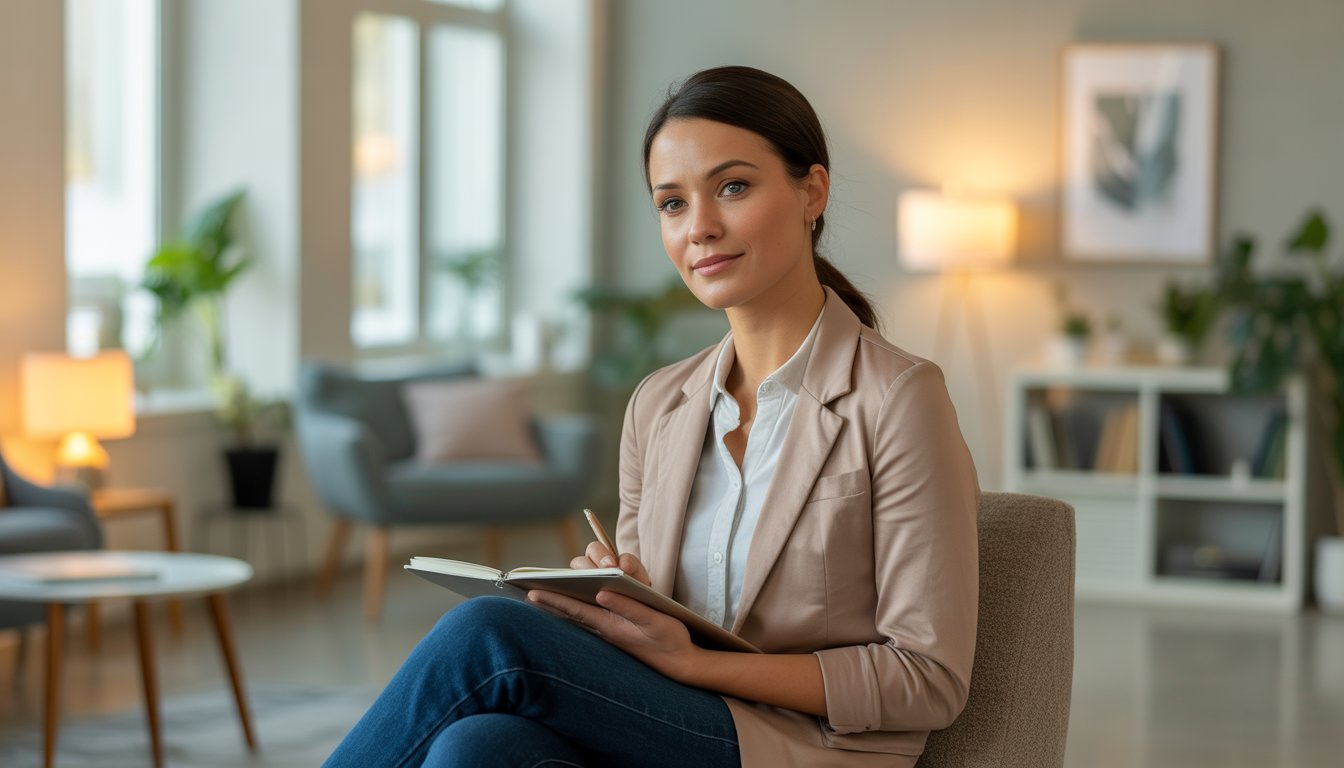 A female therapist sitting in a comfortable office chair holding a notebook, with natural light and plants in the background.