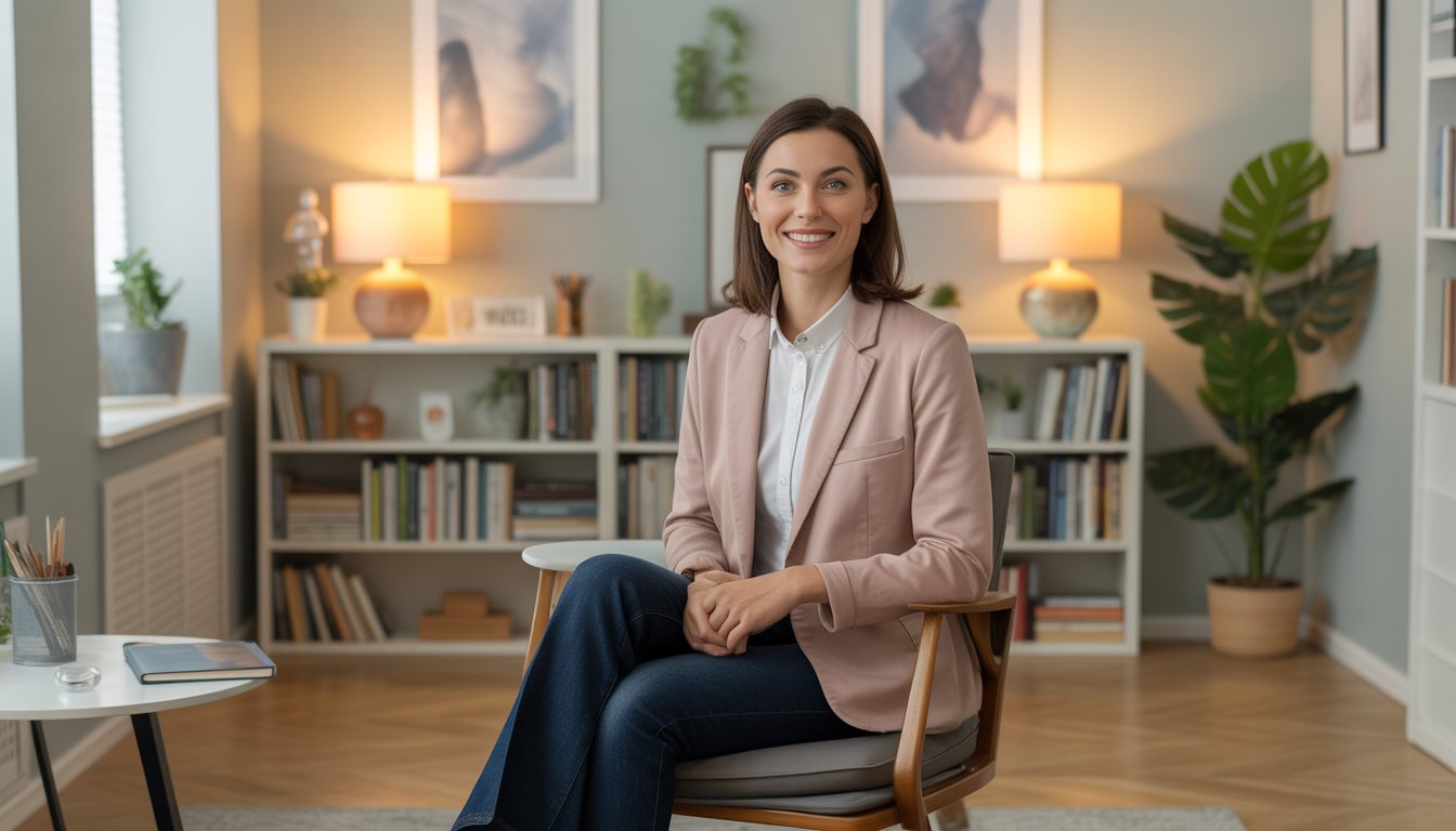 A female therapist sitting in a comfortable chair in a well-lit therapy office with bookshelves and plants.