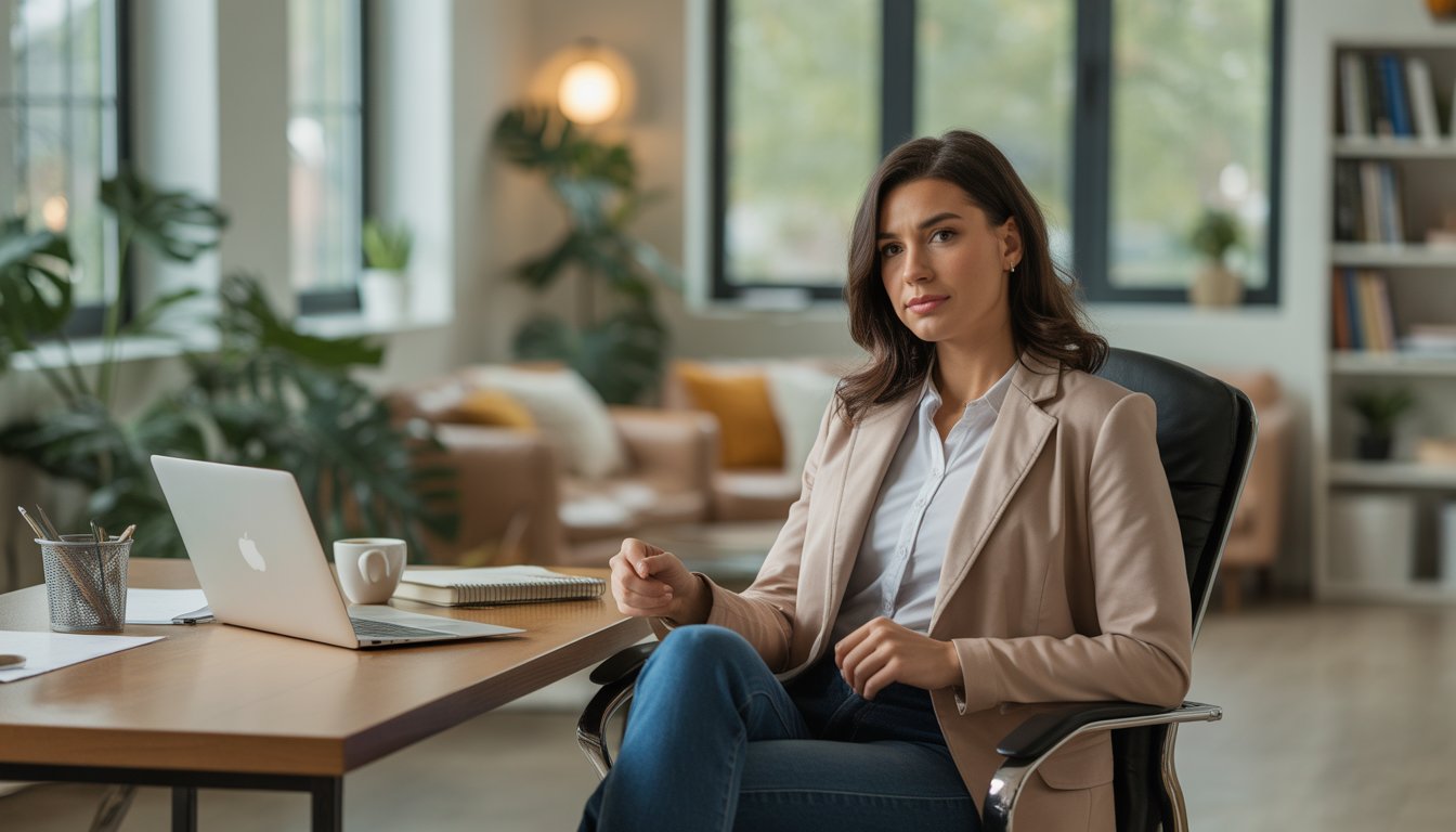 A female therapist sitting in a modern office with plants and books, looking calm and approachable.