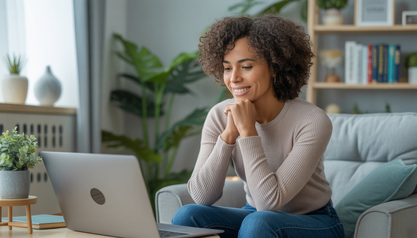 A therapist attentively engaging in an online therapy session from a cozy home office.