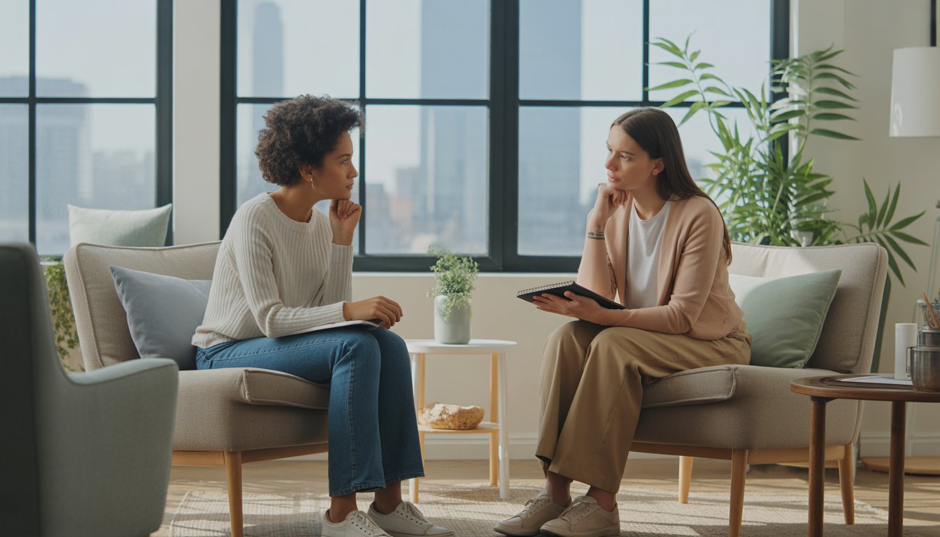A therapist and client sitting in a bright, comfortable therapy room engaged in a thoughtful conversation.