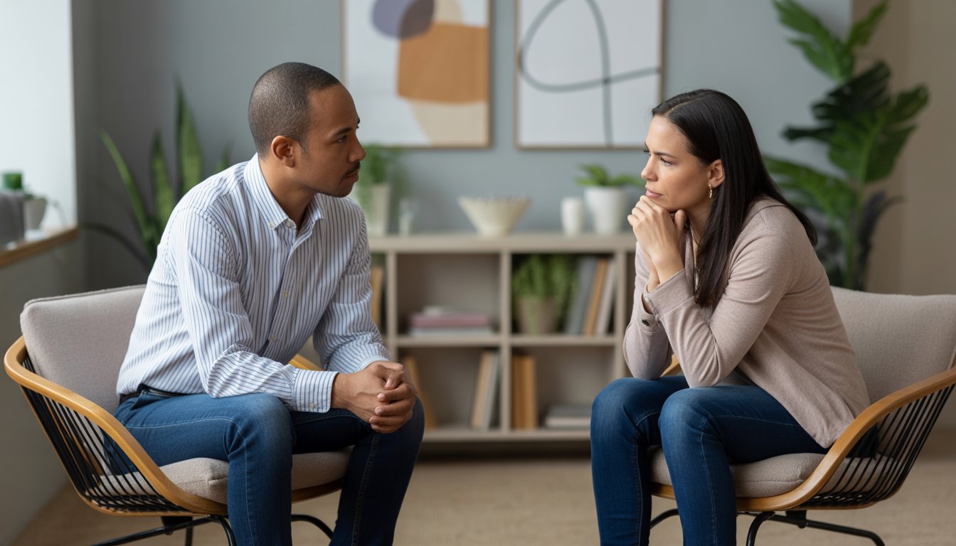 A therapist attentively listening to a thoughtful adult client in a comfortable office with plants and bookshelves.