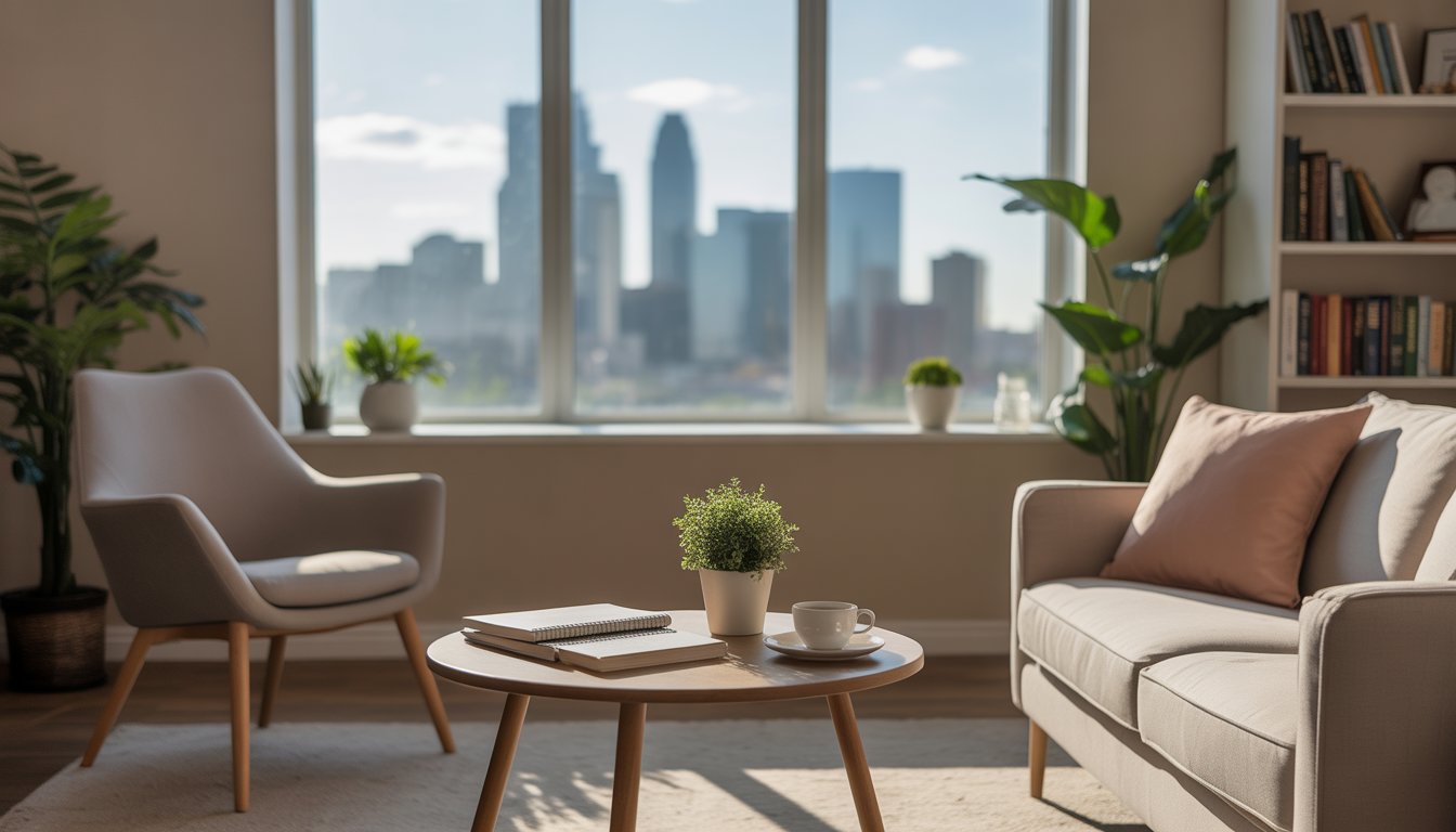A calm therapy office with a chair, couch, table with notebooks and a plant, and a window showing the Minneapolis city skyline.