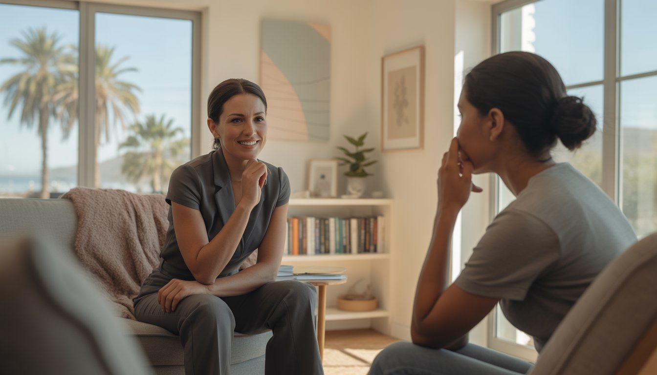 A female therapist attentively listening to a young adult client in a bright, modern therapy office with windows showing palm trees outside.