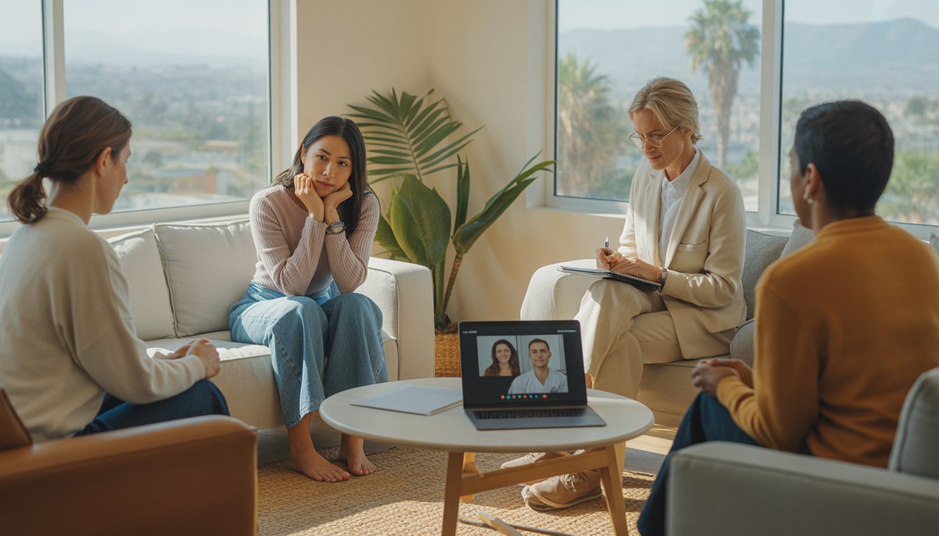 A therapist and a young woman having a supportive conversation in a bright therapy office with a laptop showing a video call.